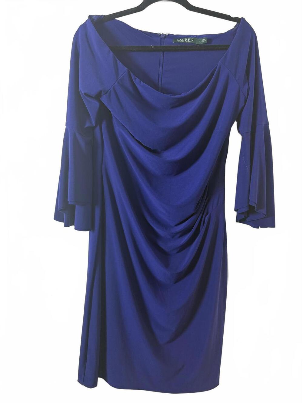 LAUREN RALPH LAUREN Cannes Blue Bell Sleeve lined scoop neck Dress NWT Size‎ 14